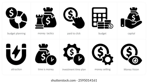 A set of 10 business icons as budget planning, money tactics, paid to click