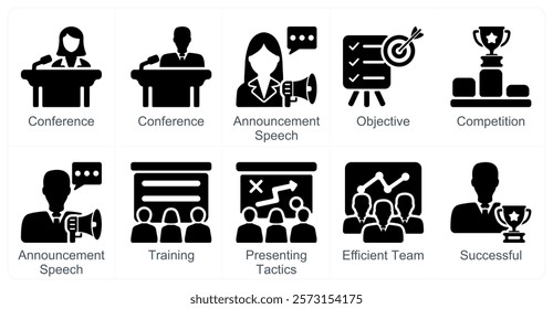 A set of 10 business icons as conference, announcement speech, objective