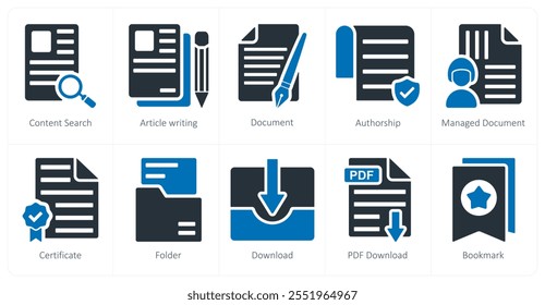 Um conjunto de 10 ícones de negócios como pesquisa de conteúdo, redação de artigos, documento