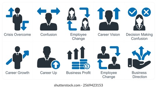 A set of 10 business icons as crisis overcome, confusion, employee change