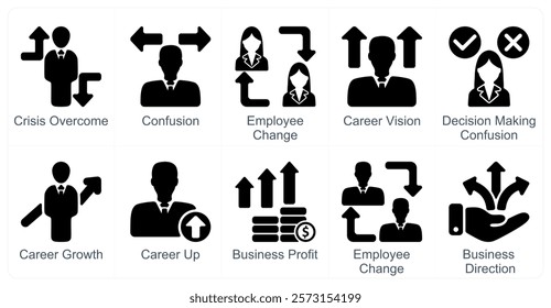 A set of 10 business icons as crisis overcome, confusion, employee change
