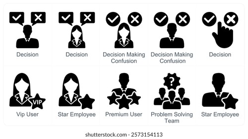 A set of 10 business icons as decision, decision making confusion, vip user