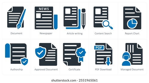 Um conjunto de 10 ícones de negócios como documento, jornal, redação de artigo