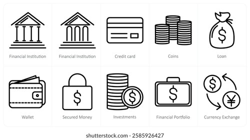 A set of 10 business icons as financial institution, credit card, coins
