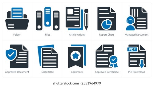 Um conjunto de 10 ícones de negócios como pasta, arquivos, redação de artigo