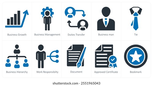 Um conjunto de 10 ícones de negócios como crescimento de negócios, gerenciamento de negócios, transferência de tarefas