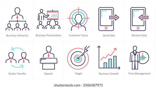 A set of 10 business icons as business hierarchy, business presentation, customer focus