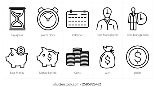 A set of 10 business icons as hourglass, alarm clock, calendar