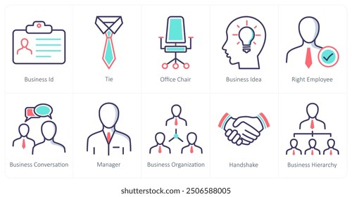 A set of 10 business icons as business id, tie, office chair