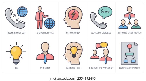 A set of 10 business icons as international call, global business, brain energy