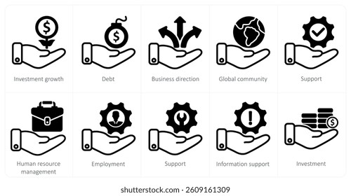 A set of 10 business icons as investment growth, debt, business direction