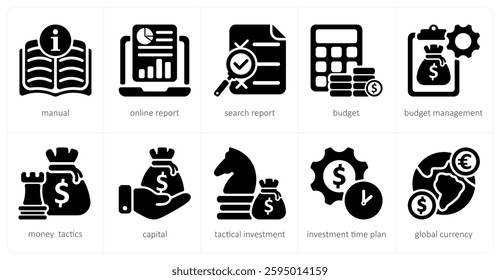 A set of 10 business icons as manual, online report, search report