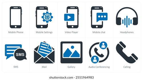 Um conjunto de 10 ícones comerciais como telefone celular, configurações móveis, player de vídeo