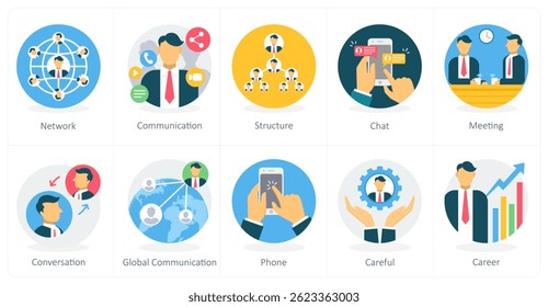 Un conjunto de 10 iconos de negocios como red, comunicación, estructura
