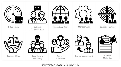 A set of 10 business icons as office hours, business communication, international team