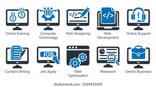 A set of 10 business icons as online earning, computer technology, web designing