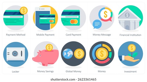 Um conjunto de 10 ícones de negócios como método de pagamento, pagamento móvel, pagamento por cartão