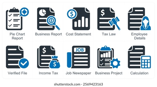 A set of 10 business icons as pie chart report, business report, cost statement