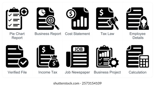 A set of 10 business icons as pie chart report, business report, cost statement