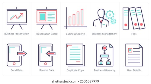 A set of 10 business icons as business presentation, presentation board, business growth
