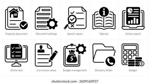 A set of 10 business icons as property document, document settings, search report