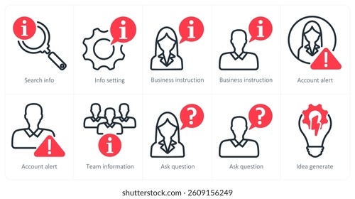 A set of 10 business icons as search info, info setting, business instruction