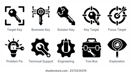A set of 10 business icons as target key, business key, solution key
