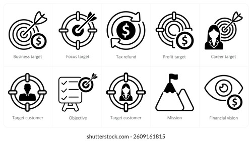 A set of 10 business icons as business target, focus target, tax refund