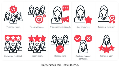 A set of 10 business icons as technical team, teamwork goal, announcement speech