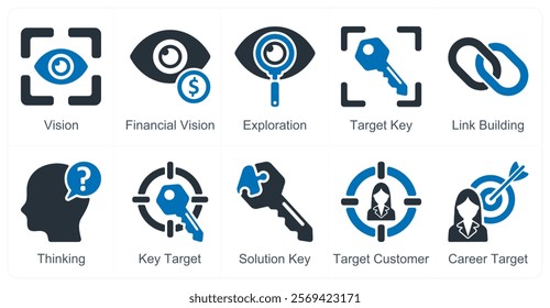 A set of 10 business icons as vision, financial vision, exploration, target key