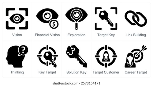 A set of 10 business icons as vision, financial vision, exploration, target key