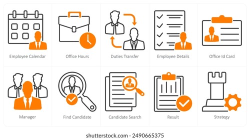 A set of 10 business and office icons as employee calendar, office hours, duties transfer