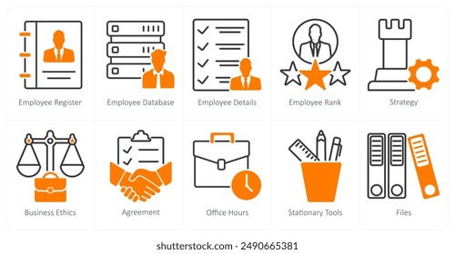 A set of 10 business and office icons as employee register, employee database, employee details