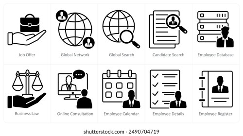 A set of 10 business and office icons as job offer, global network, global serach