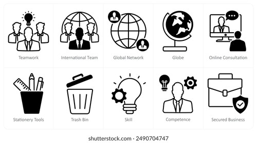 A set of 10 business and office icons as teamwork, international team, global network