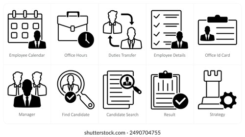 A set of 10 business and office icons as employee calendar, office hours, duties transfer