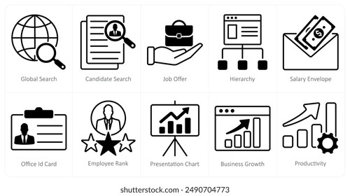 A set of 10 business and office icons as global search, candidate search, job offer