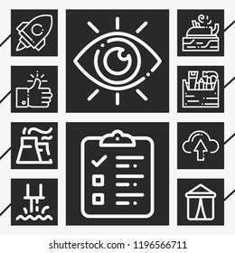 Set of 10 business outline icons such as tent, checklist, industry, view, carpentry, carpenter, like, startup