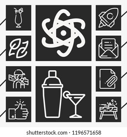 Set of 10 business outline icons such as carpenter, attached file, nuclear power, mail, like, startup, cocktail