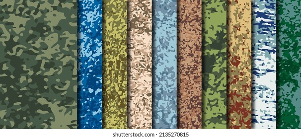 Set of 10 camouflage backgrounds. Abstract military or hunting camouflage background. Vector illustration