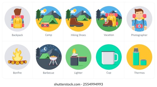 A set of 10 camping icons as backpack, camp, hiking shoes