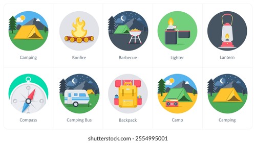 A set of 10 camping icons as camping, bonfire, barbecue