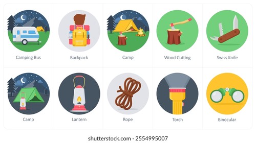 A set of 10 camping icons as camping bus, backpack, camp