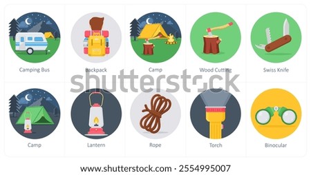A set of 10 camping icons as camping bus, backpack, camp