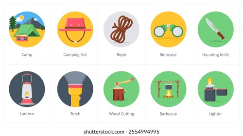 A set of 10 camping icons as camp, camping hat, rope