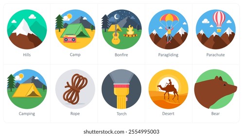 A set of 10 camping icons as hills, camp, bonfire