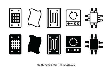Set of 10 capacitive deionization water desalination icons showing electrode plates, stack assembly, and controller vector elements