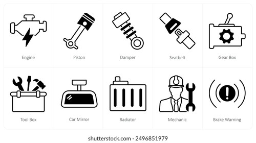 Un conjunto de 10 iconos del coche como motor, pistón, amortiguador