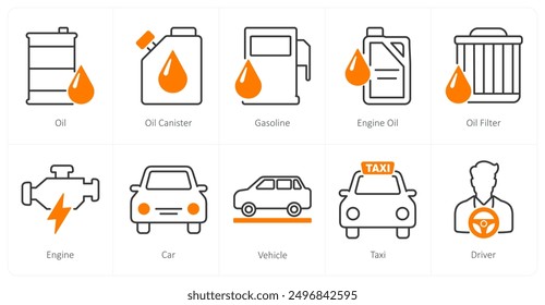 Un conjunto de 10 iconos de coches como aceite, bote de aceite, gasolina