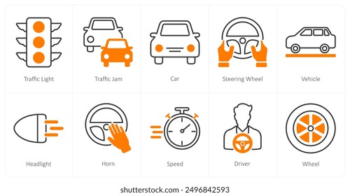 A set of 10 Car icons as traffic light, traffic jam, car